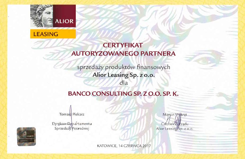 Certyfikat współpracy z firmą Alior Leasing